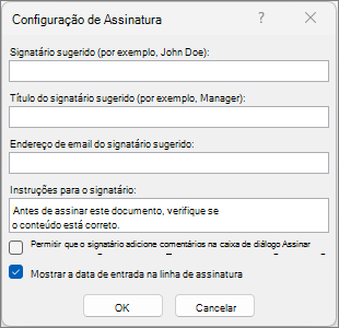 Caixa de diálogo Configuração da assinatura