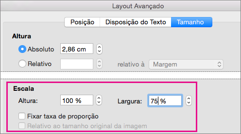 Na guia Tamanho na caixa de Layout Avançado, as opções Escala estão em destaque.