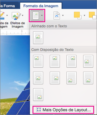 Na guia Formatar Imagem, Posição e Mais Opções de Layout estão em destaque.