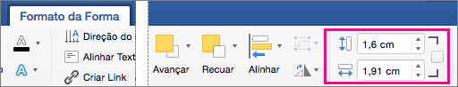 Na guia Formato de Forma, as caixas Altura e Largura estão em destaque.
