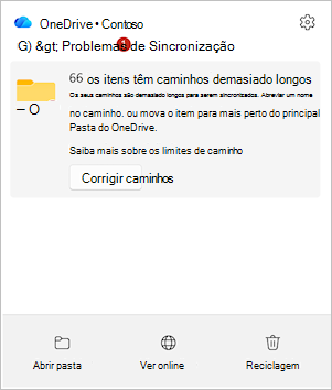 Captura de tela mostrando o centro de atividades do OneDrive com a opção Corrigir caminhos.