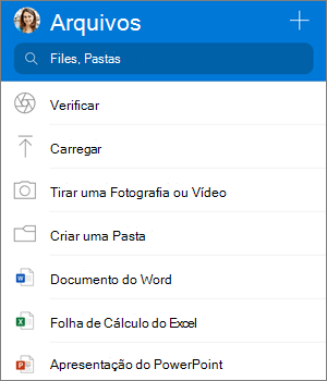 Captura de tela do menu Adicionar no aplicativo OneDrive para iOS