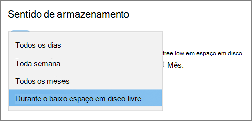 Windows 10 menu pendente Armazenamento, selecionando frequência para executar o Sensor de Armazenamento