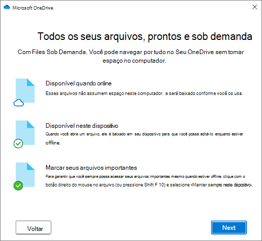 A tela Arquivos sob demanda no Assistente Bem-vindo ao OneDrive