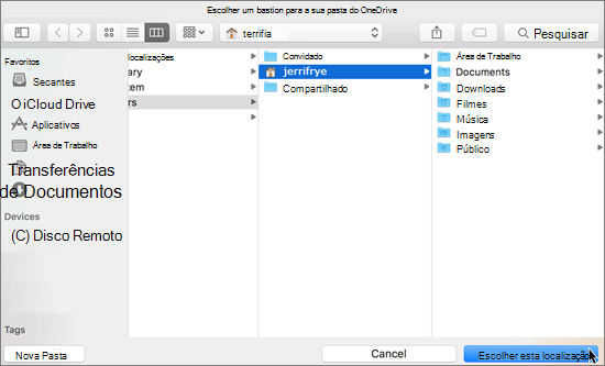 Captura de tela da escolha do local de uma pasta no assistente Bem-vindo ao OneDrive em um Mac