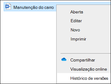 Explorador de Arquivos menu, incluindo a opção Histórico de versões.
