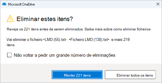 Captura de ecrã do pedido de confirmação do OneDrive para eliminar muitos ficheiros