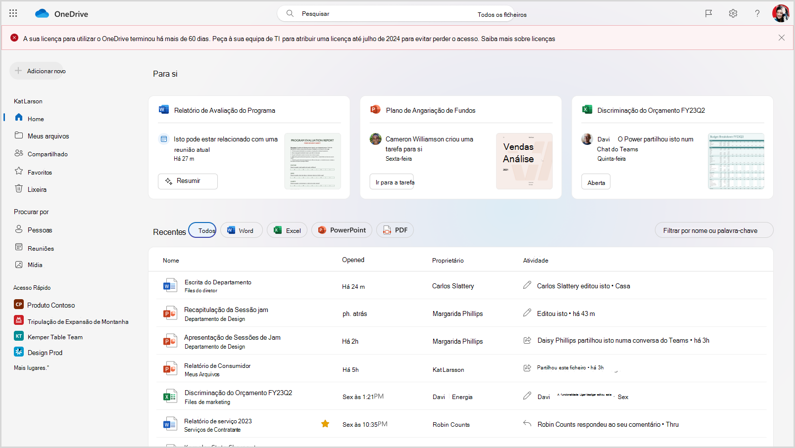 Captura de tela da Web do OneDrive mostrando uma conta do OneDrive que está no modo somente leitura há 60 a 92 dias.