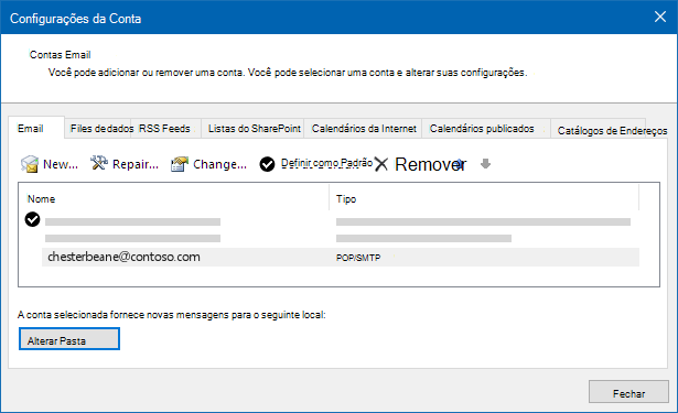 Caixa de diálogo de configurações da conta do Outlook