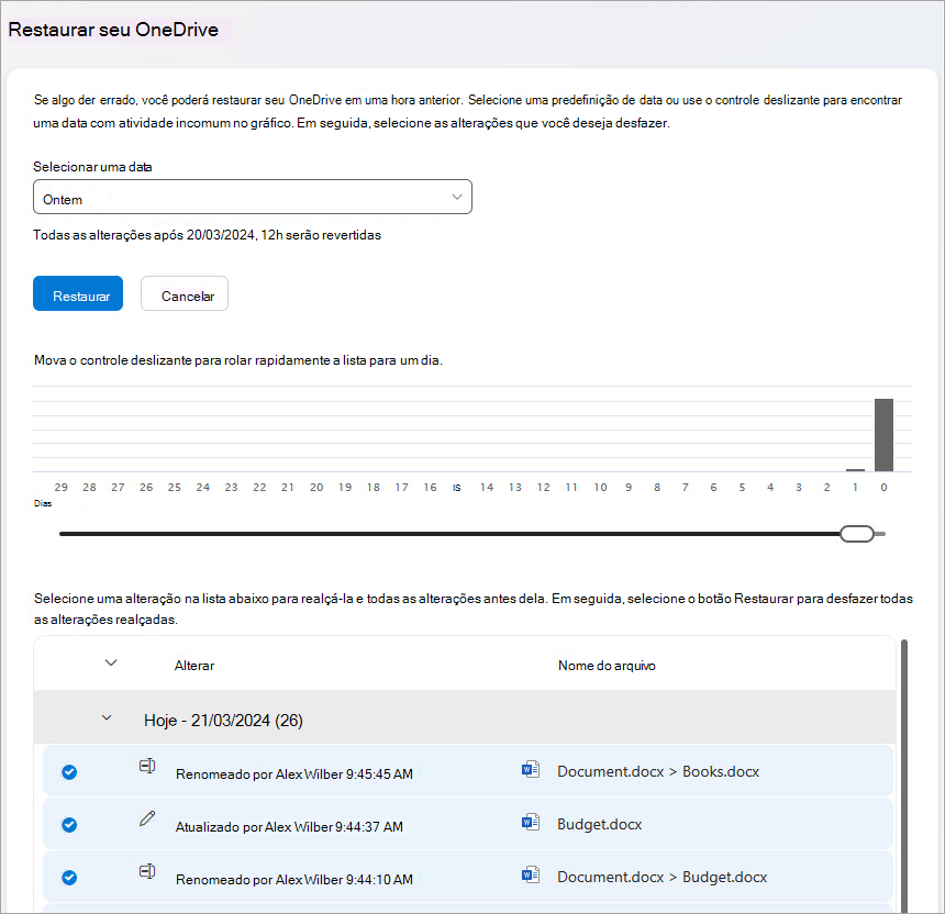 Restaure suas atividades de arquivo do OneDrive.