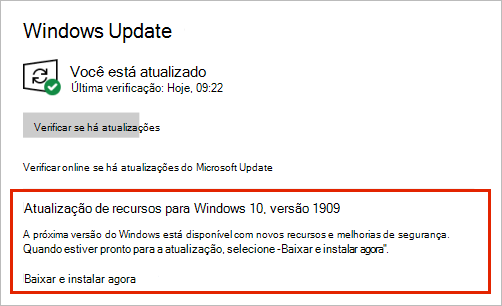 Windows Update mostrando posicionamento de atualização de recursos