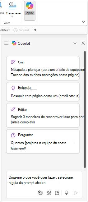 Captura de tela do painel do Copilot no OneNote