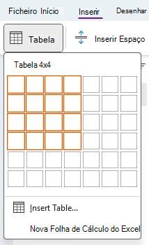 Captura de tela do menu Tabela