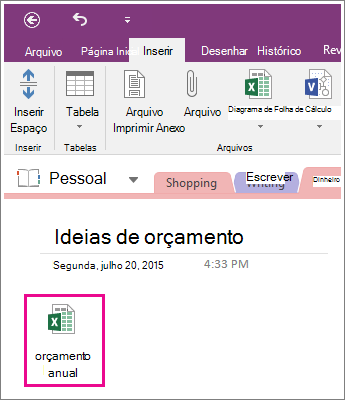 Captura de tela de uma planilha anexada no OneNote 2016.