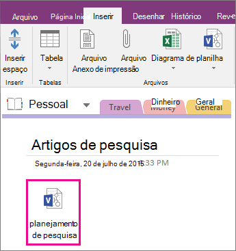 Captura de tela de como anexar um arquivo do Visio a uma página no OneNote 2016.