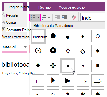 Captura de tela de como adicionar marcadores a uma página no OneNote 2016.