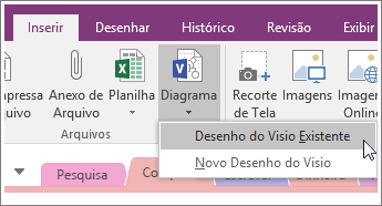 Captura de tela do botão Inserir Diagrama no OneNote 2016.