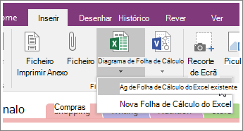Captura de tela do botão Inserir Planilha no OneNote 2016.