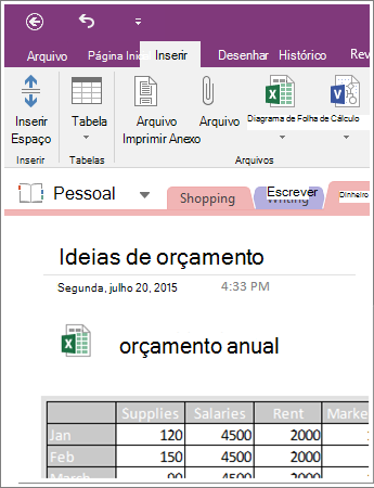 Captura de tela de uma planilha inserida no OneNote 2016.