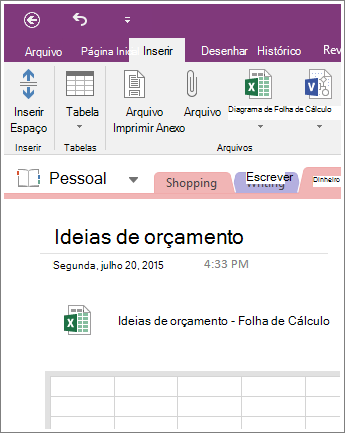 Captura de tela de uma nova planilha no OneNote 2016.