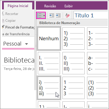 Captura de tela de como adicionar numeração a uma página no OneNote 2016.