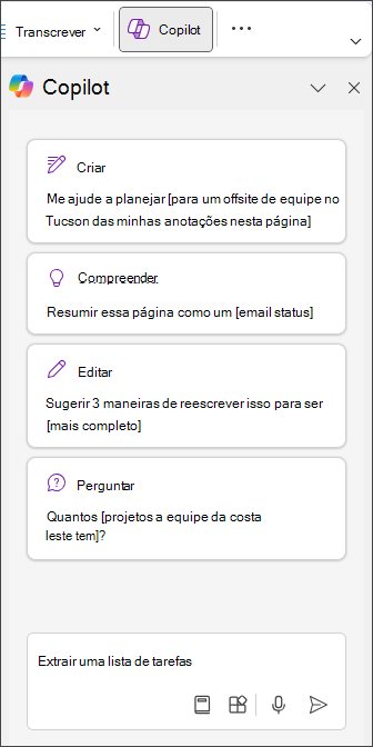 Escreva Lista de Ações a Fazer no painel Copilot no OneNote