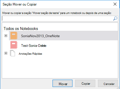 OneNote para Windows 2016 - caixa de diálogo Mover ou Copiar Seção