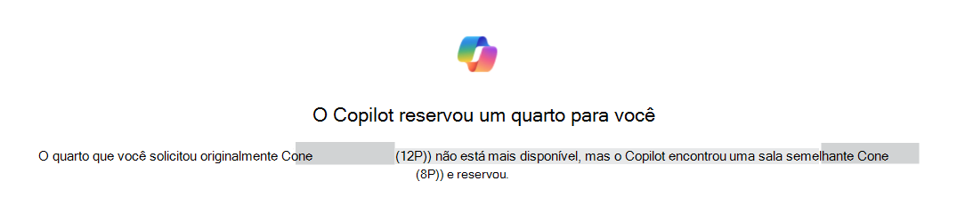 Exemplo de uma confirmação do Copilot que remarcou uma sala para você, identificando as salas originais e as de substituição.