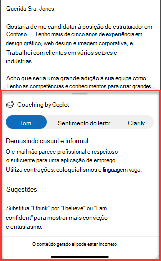 Sugestões de co-pilotos para tom, clareza e sentimento do leitor no Outlook para dispositivos móveis