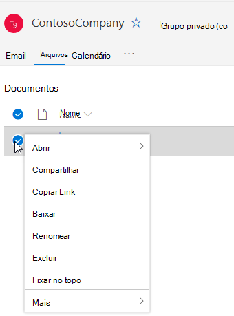 Mostrando opções de arquivo Excluir e Renomear