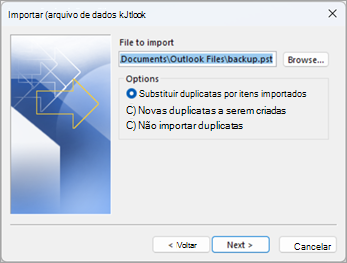 Na tela Importar Arquivo de Dados do Outlook, navegue para encontrar o arquivo .pst que você gosta de importar. Escolha entre as opções sobre como você gosta de lidar com duplicatas.