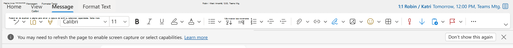Barra de informações para o Outlook para Web quando a capacidade captura de ecrã não está presente