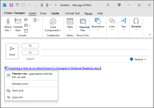 Inserir nova experiência de link no Outlook