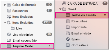Visão lado a lado das listas de pastas do Exchange e do Gmail com as pastas de arquivo morto realçadas
