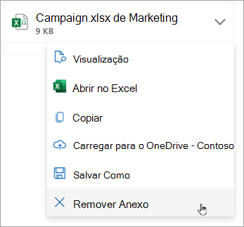 Selecione a seta para baixo junto ao anexo e, em seguida, selecione Remover Anexo