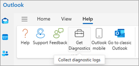 Captura de ecrã da opção Obter Diagnóstico no friso do Outlook