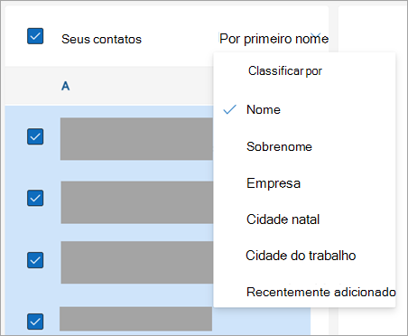 Captura de ecrã das opções para ordenar contactos