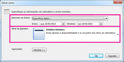 Salvar calendário - escolher detalhes