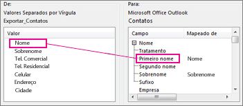 Mapeando uma coluna do Excel para um campo de contatos do Outlook
