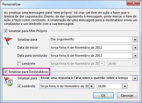 Caixa de seleção do comando Sinalizar para Destinatários na caixa de diálogo Personalizado