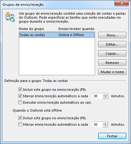 A caixa de diálogo Configurações de Envio/Recebimento