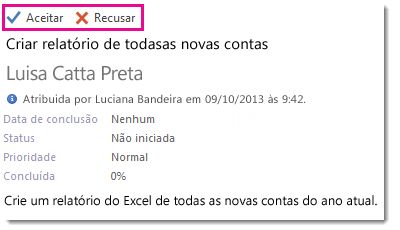 Comandos Aceitar e Recusar em uma solicitação de tarefa exibida no Painel de Leitura
