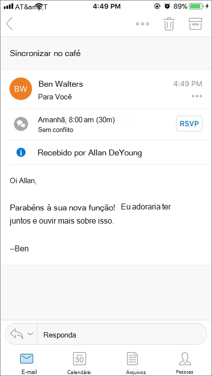 Captura de tela que mostra a tela do dispositivo móvel com itens de email.