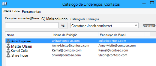Quando os seus contactos forem importados do Gmail do Google para Office 365, irá vê-los listados no Livro de Endereços: Contactos