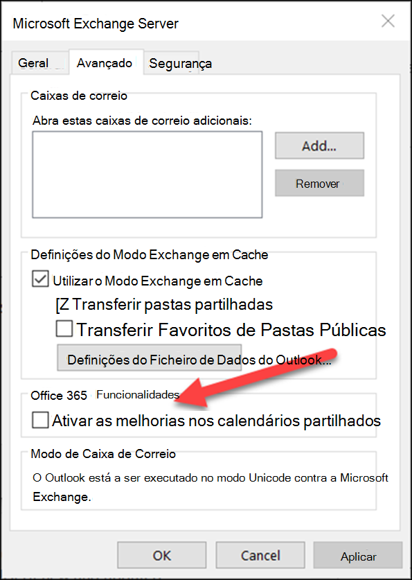 Pode ativar os melhoramentos do calendário partilhado com uma caixa de verificação.