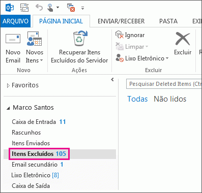 Clique em Itens Excluídos na lista de pastas