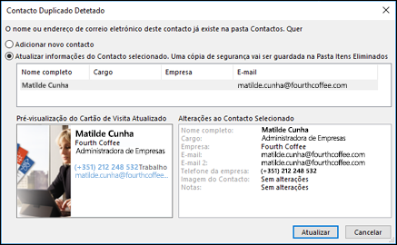 Se tiver um contacto duplicado, o Outlook pergunta-lhe se pretende atualizá-lo.