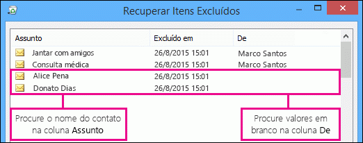 Classificar na coluna Assunto ou De para localizar contatos