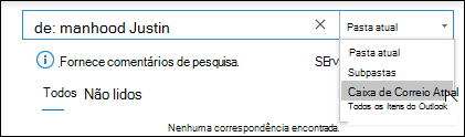 Menu de escopo de pesquisa com a caixa de correio atual selecionada.