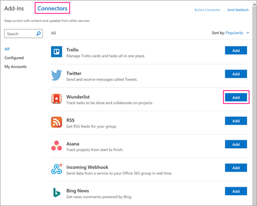 Captura de tela dos serviços conectados disponíveis no Outlook 2016